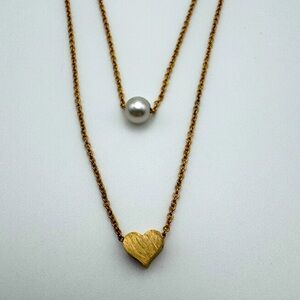 Gold Vermeil Sterling Silver 925 Double Chain Heart Pearl Pendant Necklace